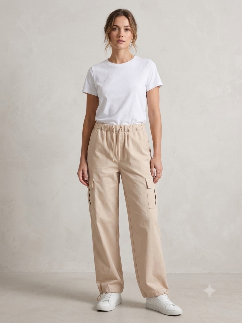 Elastic-Waist Wide-Leg Cargo Jeans in Beige - Women's Flare & Wide Leg